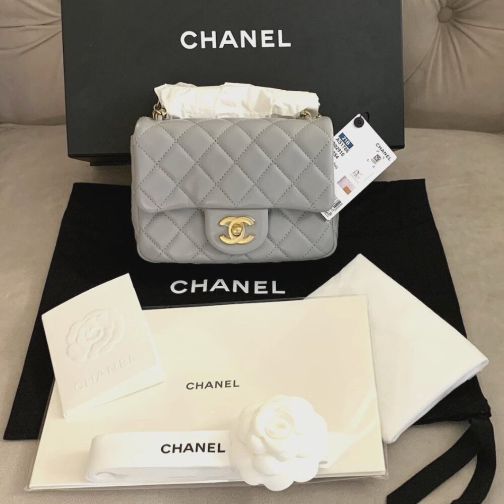 Chanel 21B Classic Mini Square Pearl Crush Lambskin Quilted Flap Bag, Gray, NIB